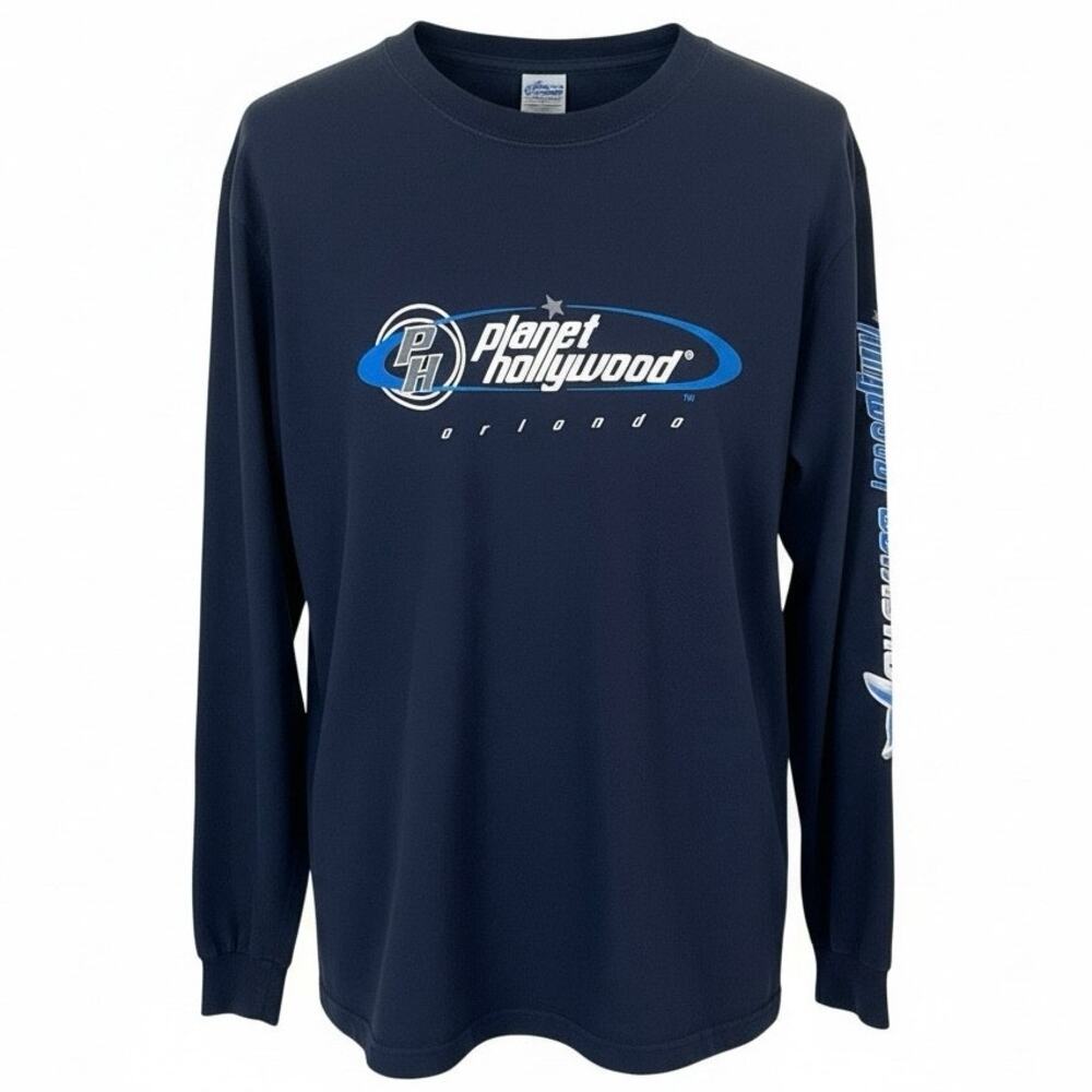 Vintage Planet Hollywood Orlando Long Sleeve Shirt Navy Blue Graphic Tee 90s L - Picture 2 of 7